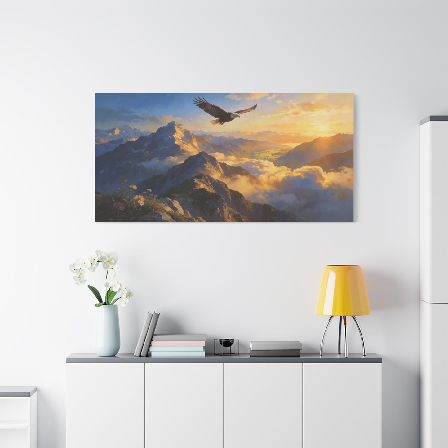 Bald Eagle Canvas Wall Art Mountain Sunrise Landscape - Golden Sky Alpine Peaks, Dramatic Wildlife Vista - Matte Finish Canvas Print - Living Room Wall Decor, Office Art Accent - Ready to Hang