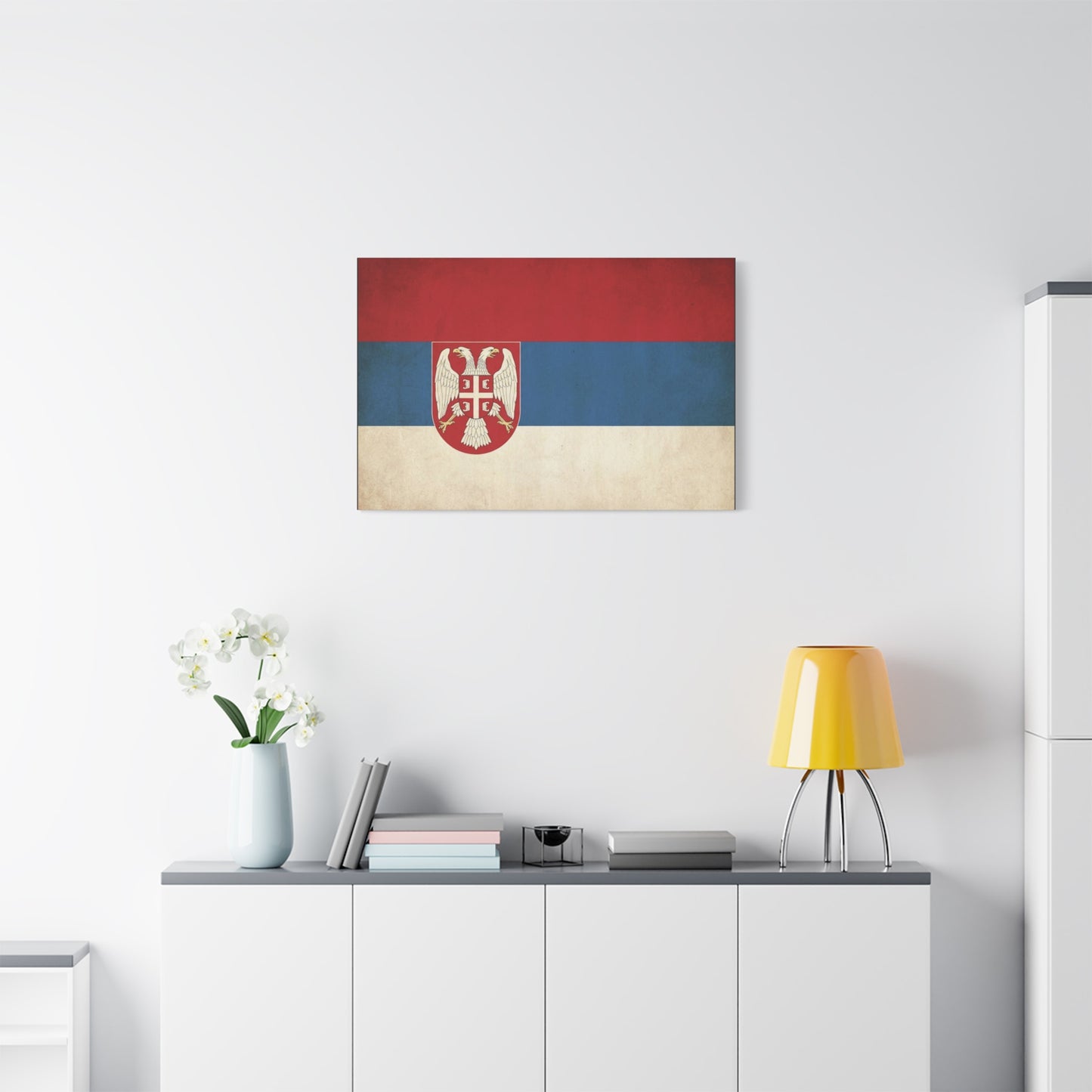 Serbian Flag Canvas Wall Art - Vintage Serbia Coat Of Arms Print, Patriotic Tricolor Decor - Rustic National Heritage Style - Living Room Wall Decor - Bedroom Home Decoration - Bedroom Home Decoration