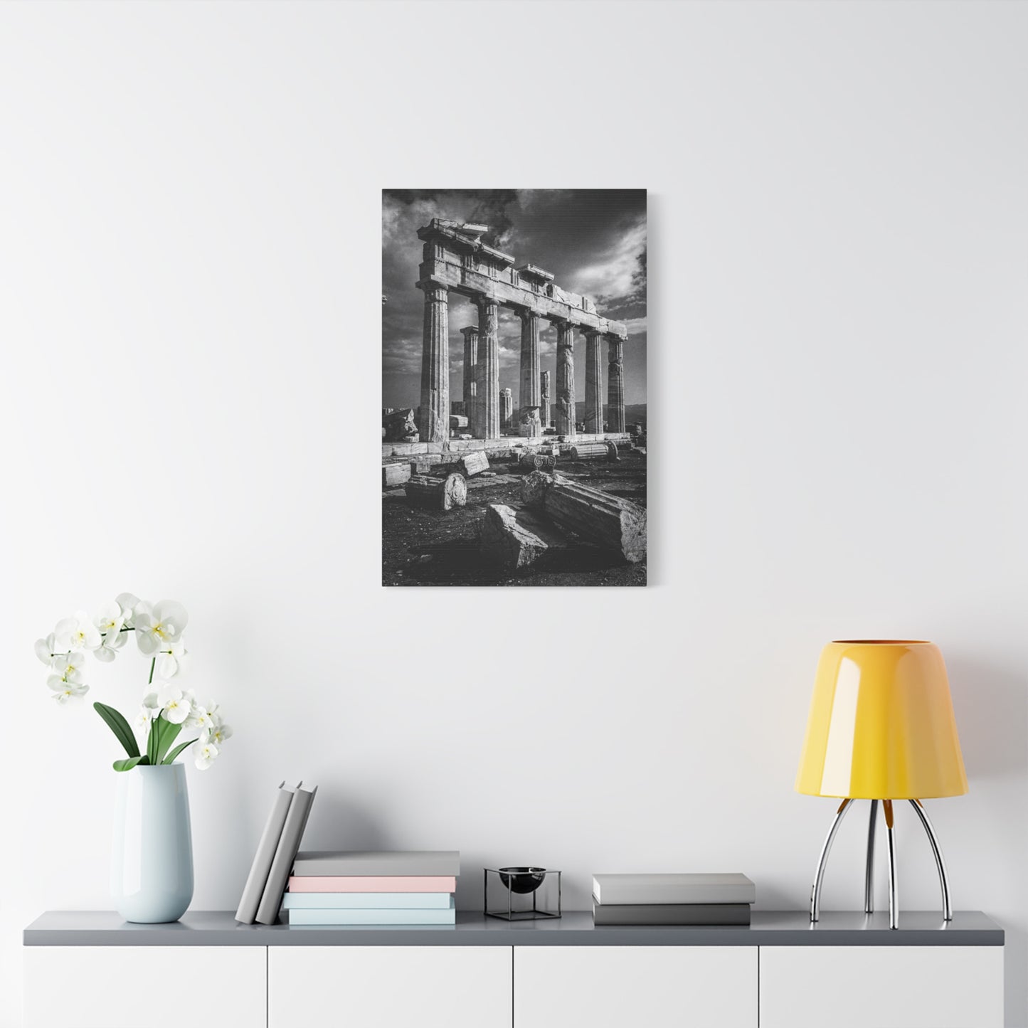 Ancient Greek Temple Ruins Canvas Wall Art - Black And White Architectural Art Print, Dramatic Sky, Vintage Classical Style - Living Room Wall Decor, Office Art Accent - Modern Farmhouse Style