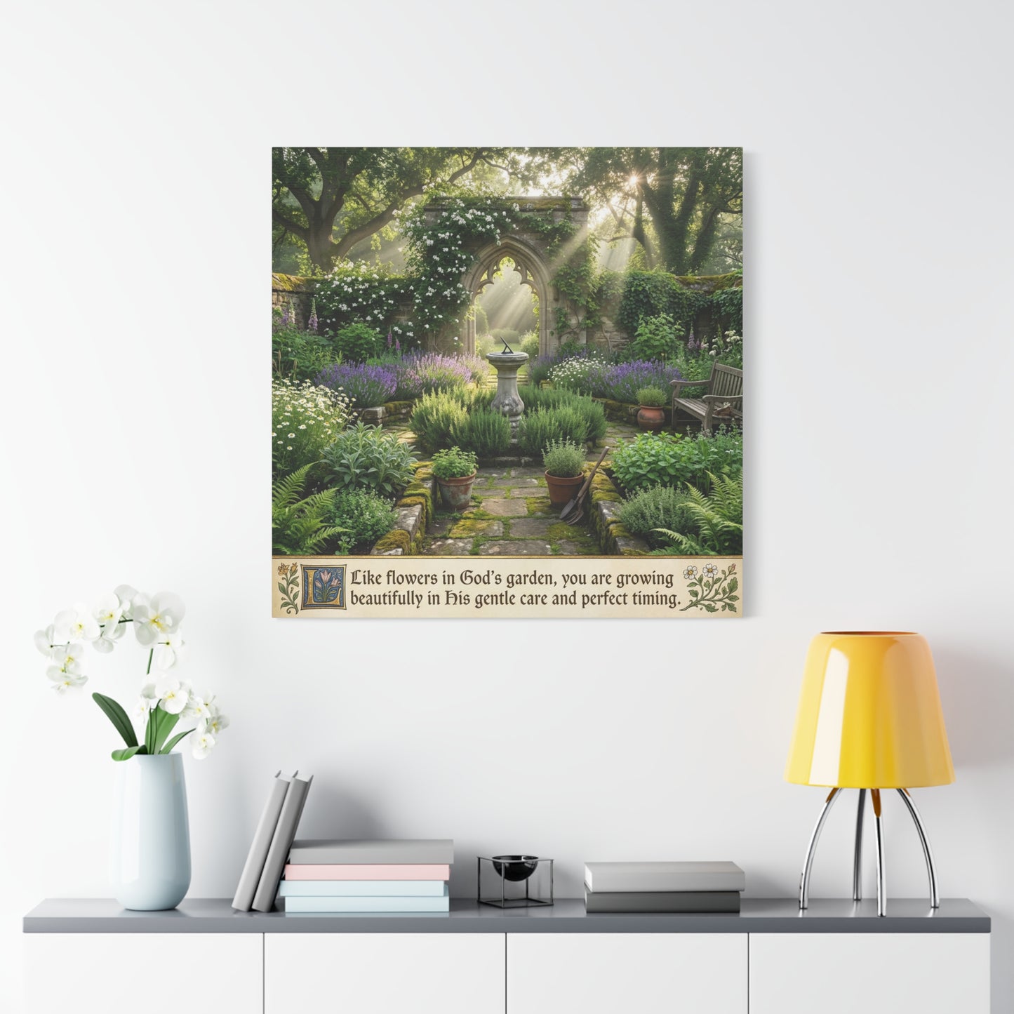 "Like Flowers In God's Garden, You Are Growing Beautifully In His Gentle Care And Divine Timing" Canvas Wall Art - Sunlit Garden Arch, Botanical Landscape Print - Living Room Decor - Office Wall Art