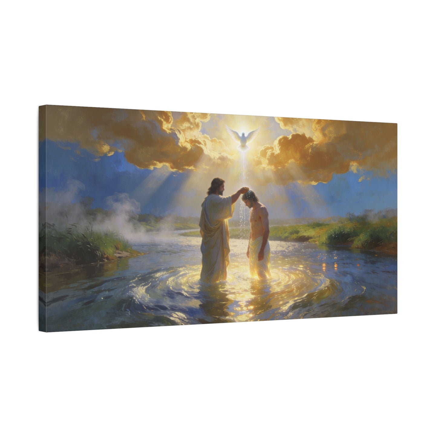 Baptism Of Jesus Christ Canvas Wall Art - Dove, Golden Light, River Scene - Religious Christian Wall Decor, Traditional Matte Canvas Print, Living Room Bedroom Home Decoration - Modern Farmhouse Style