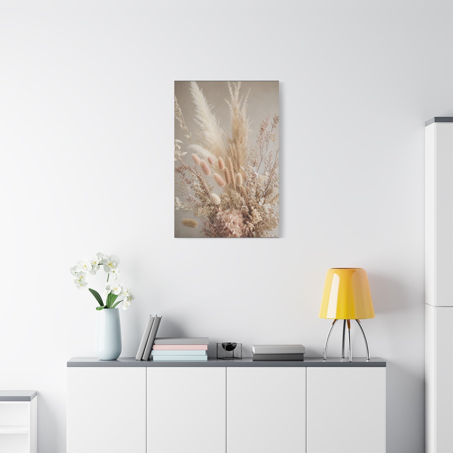 Dried Pampas Grass Floral Canvas Wall Art - Neutral Botanical Bouquet, Blush Bunny Tail Stems, Cotton Canvas Print - Bohemian Farmhouse Style - Bedroom Wall Decor, Spa Accent - Bedroom Home Decoration