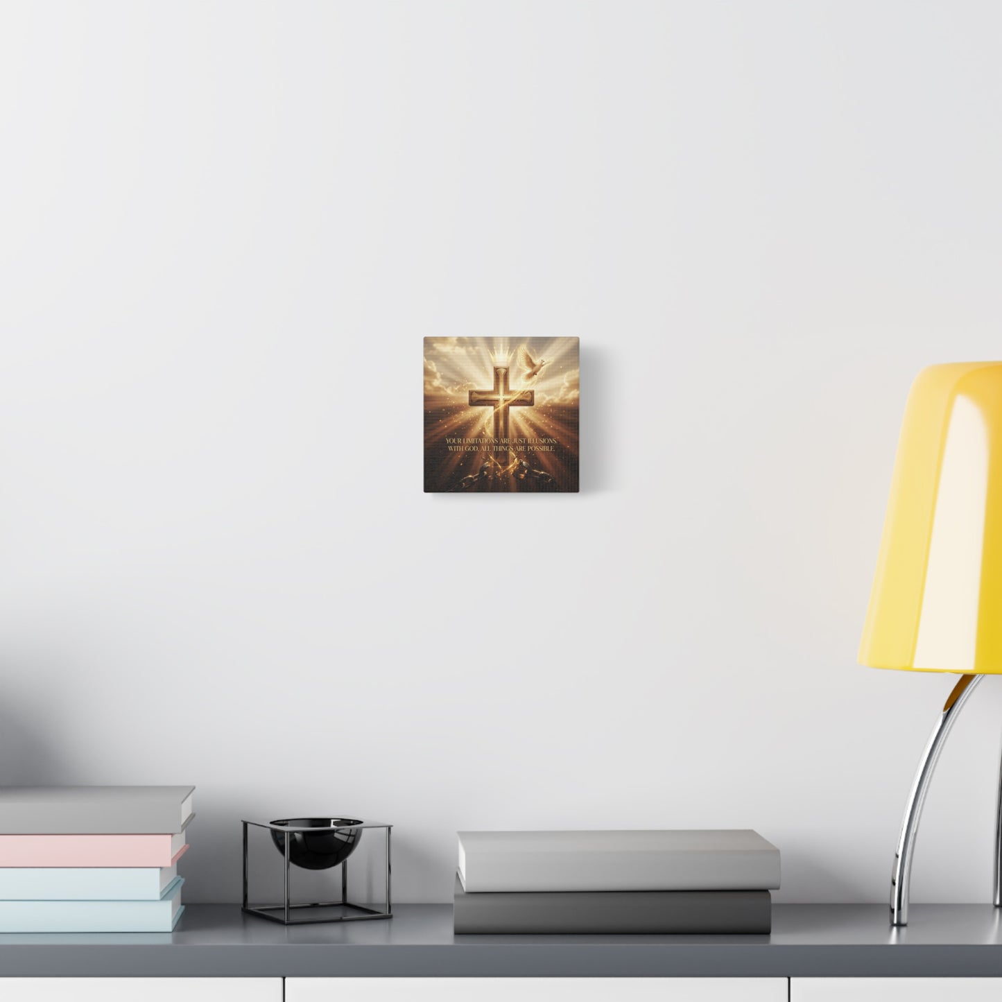 "Your Limitations Are Just Illusions. With God, All Things Are Possible." Christian Canvas Wall Art - Glowing Cross, White Dove, Crown, Broken Chains - Gold Religious Wall Decor For Living Room