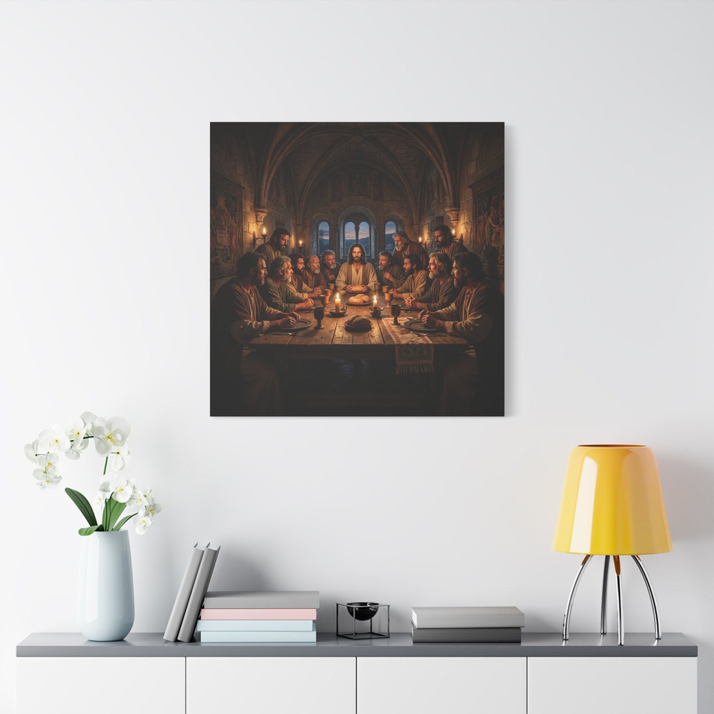 Jesus Christ Last Supper Canvas Wall Art - Apostles At Candlelit Table, Christian Wall Decor - Matte Cotton Print Religious Home Decoration - Traditional Living Room Office - Bedroom Home Decoration