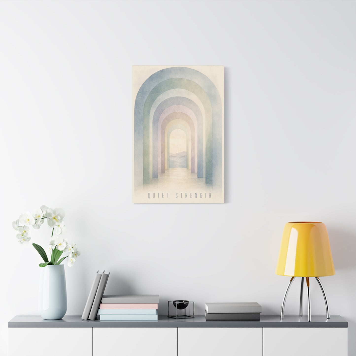 "Quiet Strength" Rainbow Arch Canvas Wall Art - Pastel Abstract Landscape Print, Minimalist Boho Home Decor - Serene Bedroom Wall Hanging, Nursery Room Decoration, Meditation Space - Ready to Hang