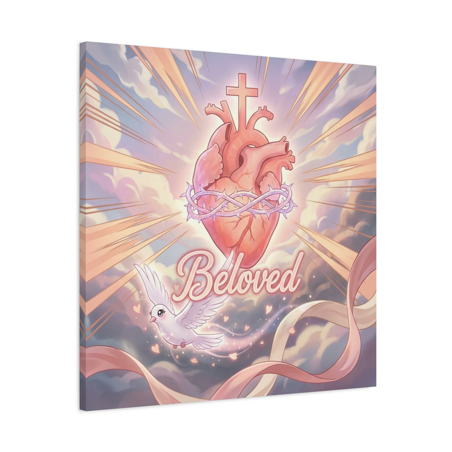 "Beloved" Sacred Heart Canvas Wall Art - Cross, Dove, Crown Of Thorns Christian Decor - Pink Pastel Religious Print - Inspirational Bedroom Home Decoration, Living Room Wall Decor - Ready to Hang