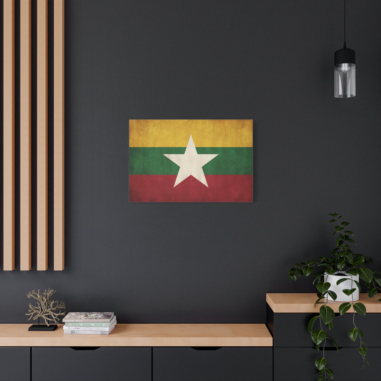 Myanmar Flag Canvas Wall Art - Vintage Burma Star Print, Patriotic Country Pride Decor - Distressed Tricolor Artwork - Living Room Wall Decor, Office Accent - Bedroom Home Decoration - Ready to Hang