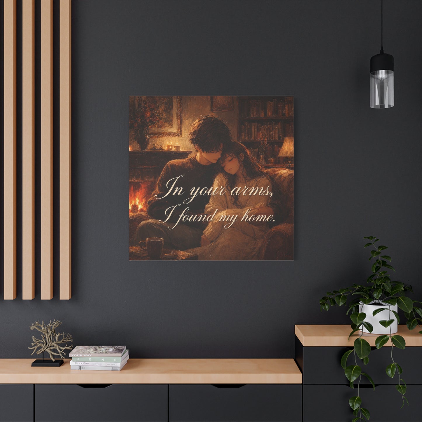 "In Your Arms, I Found My Home" Romantic Couple Canvas Wall Art - Cozy Fireplace Library Scene, Warm Vintage Style - Bedroom Home Decoration, Living Room Accent - Ready to Hang - Office Wall Art