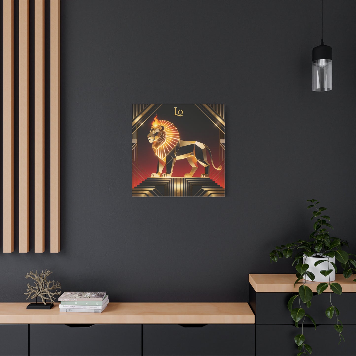 "Lo" Geometric Lion Canvas Wall Decor - Art Deco Gold Black Red Animal Print - Flaming Mane Illustration, Modern Luxe Interior Accent, Living Room Home Decoration - Living Room Wall Decor