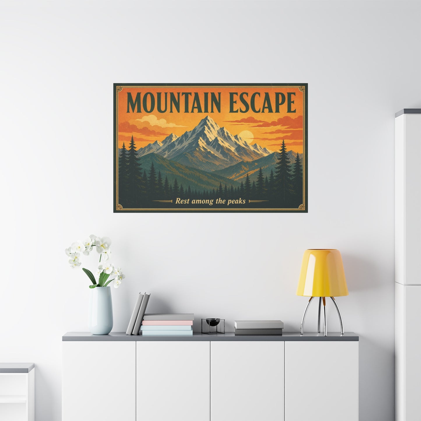 "Mountain Escape" Canvas Wall Art - Vintage Mountain Landscape Print, Sunset Pine Forest Poster Style - "Rest Among The Peaks" - Rustic Cabin Wall Decor, Living Room Home Accent - Ready to Hang