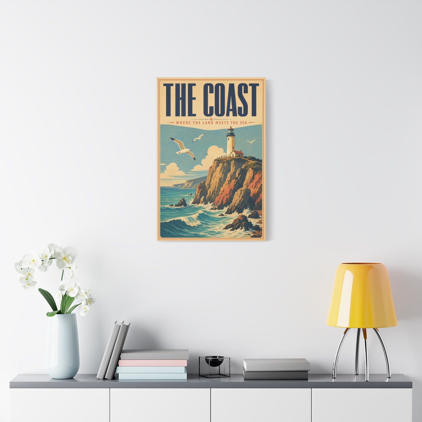 "The Coast Where The Land Meets The Sea" Canvas Wall Art - Vintage Lighthouse Seascape, Coastal Cliff Poster Style Print - Nautical Wall Decor, Beach House Living Room Decoration - Ready to Hang