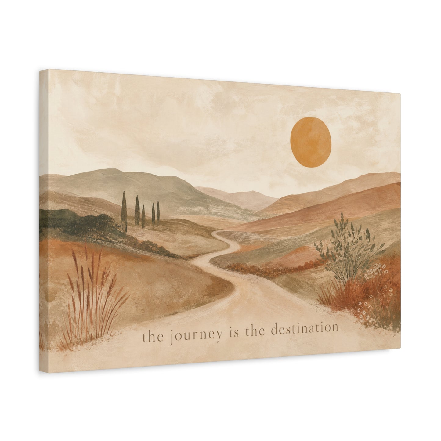"The Journey Is The Destination" Landscape Canvas Wall Art - Desert Hills, Winding Path, Terracotta Sun - Minimalist Typography Print - Bedroom Wall Decor, Living Room Home Decoration - Ready to Hang