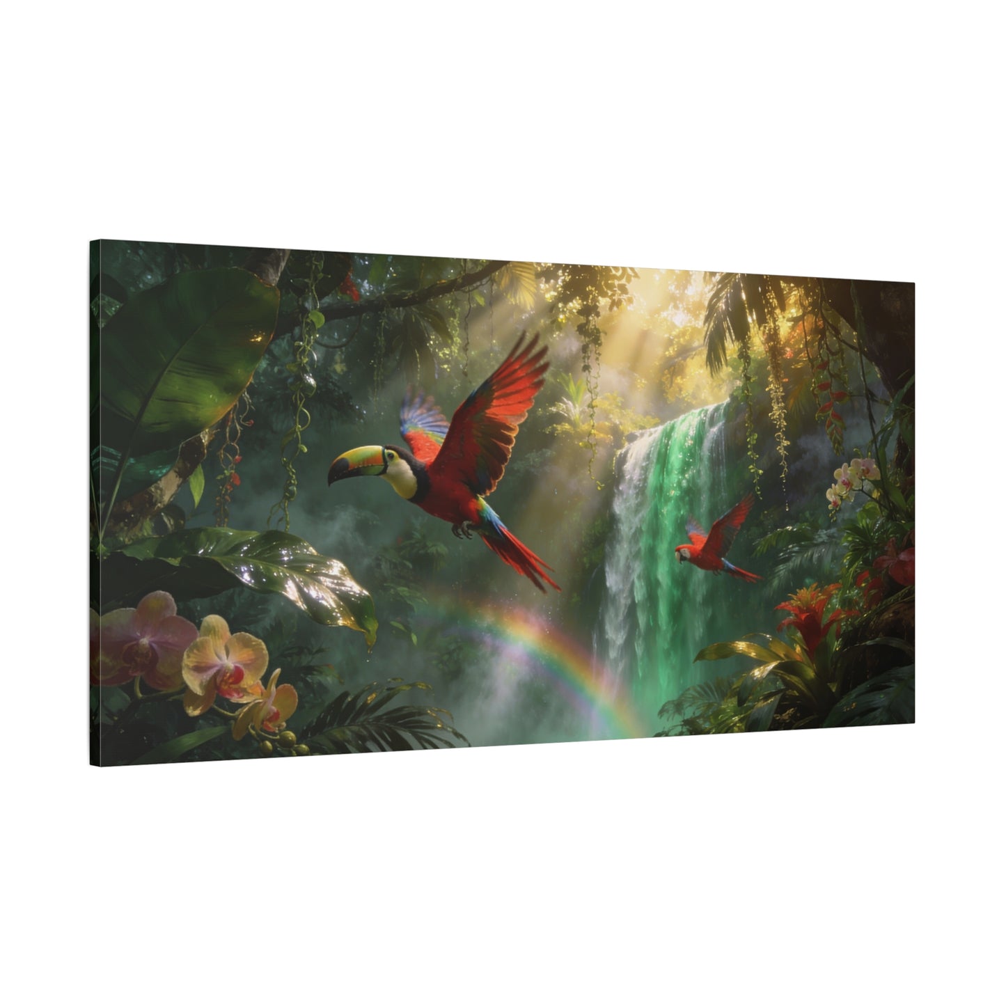 Scarlet Macaw Canvas Wall Art - Tropical Rainforest Waterfall Birds, Lush Jungle Scene, Matte Finish Canvas Print, Contemporary Nature Wall Decor For Living Room Bedroom Office - Cozy Reading Nook Art
