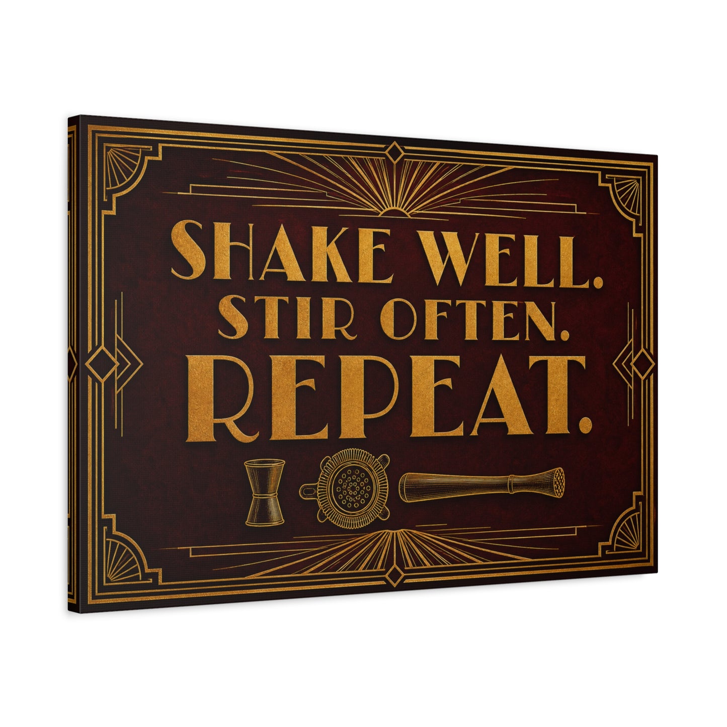 "Shake Well. Stir Often. Repeat." Cocktail Canvas Wall Art - Art Deco Bar Quote Print, Vintage Gold Typography, Speakeasy Lounge Decor, Home Bar Decoration - Ready to Hang - Tavern Wall Decor