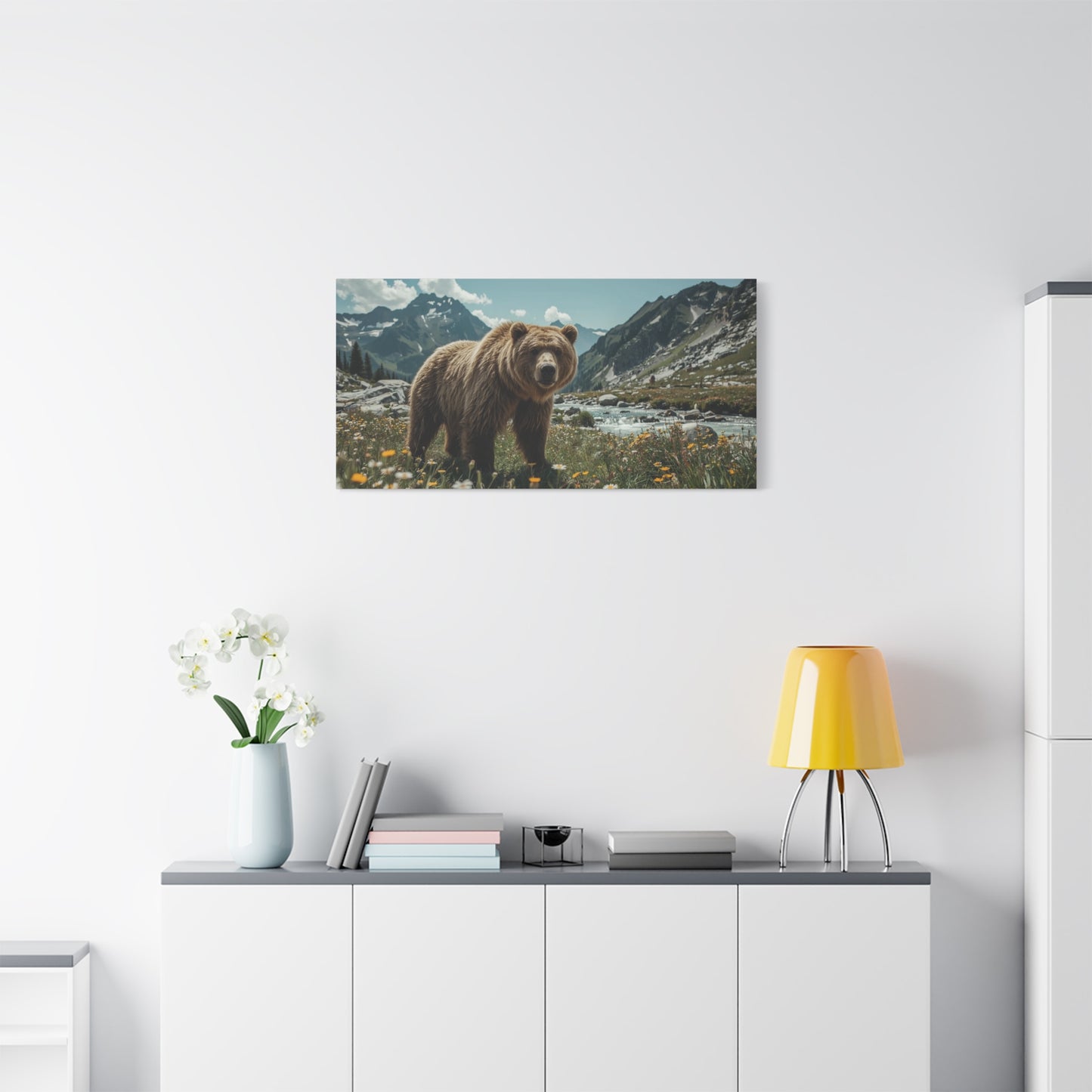 Grizzly Bear Canvas Wall Art - Alpine Mountain Meadow Wildlife Art Print - Rustic Nature Decor, Cotton Canvas - Living Room Wall Decor, Lodge Bedroom Home Decoration - Bedroom Home Decoration
