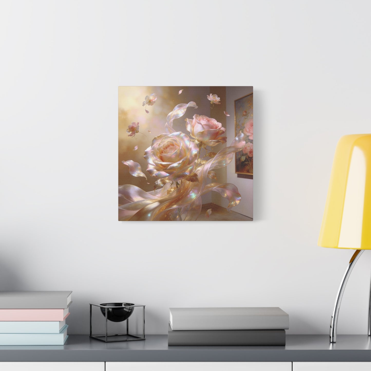 Iridescent Pink Rose Canvas Wall Art - Pearlescent Floral Wall Decor, Dreamy Botanical Home Decoration - Luminous Matte Canvas Print - Romantic Contemporary Style, Bedroom Accent - Ready to Hang
