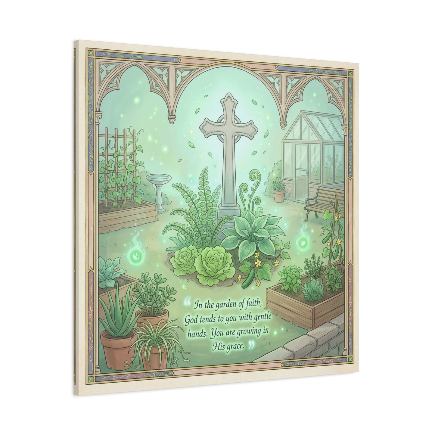"In The Garden Of Faith" Christian Canvas Wall Art - Cross Garden Quote Print - Botanical Scripture Decor, Matte Cotton Canvas - Traditional Religious Wall Decor For Bedroom Office - Ready to Hang