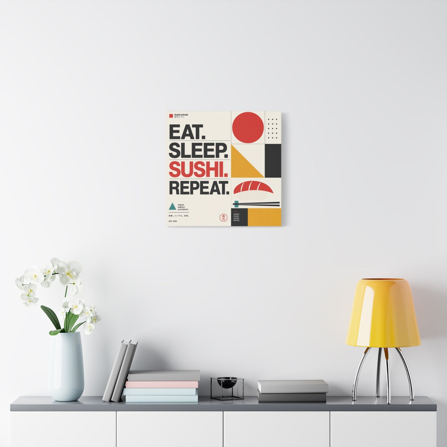"Eat. Sleep. Sushi. Repeat." Sushi Canvas Wall Art - Japanese Typography Print, Geometric Food Poster Design - Modern Minimalist Cotton Canvas - Cafe Decor, Kitchen Accent, Dining Room Artwork