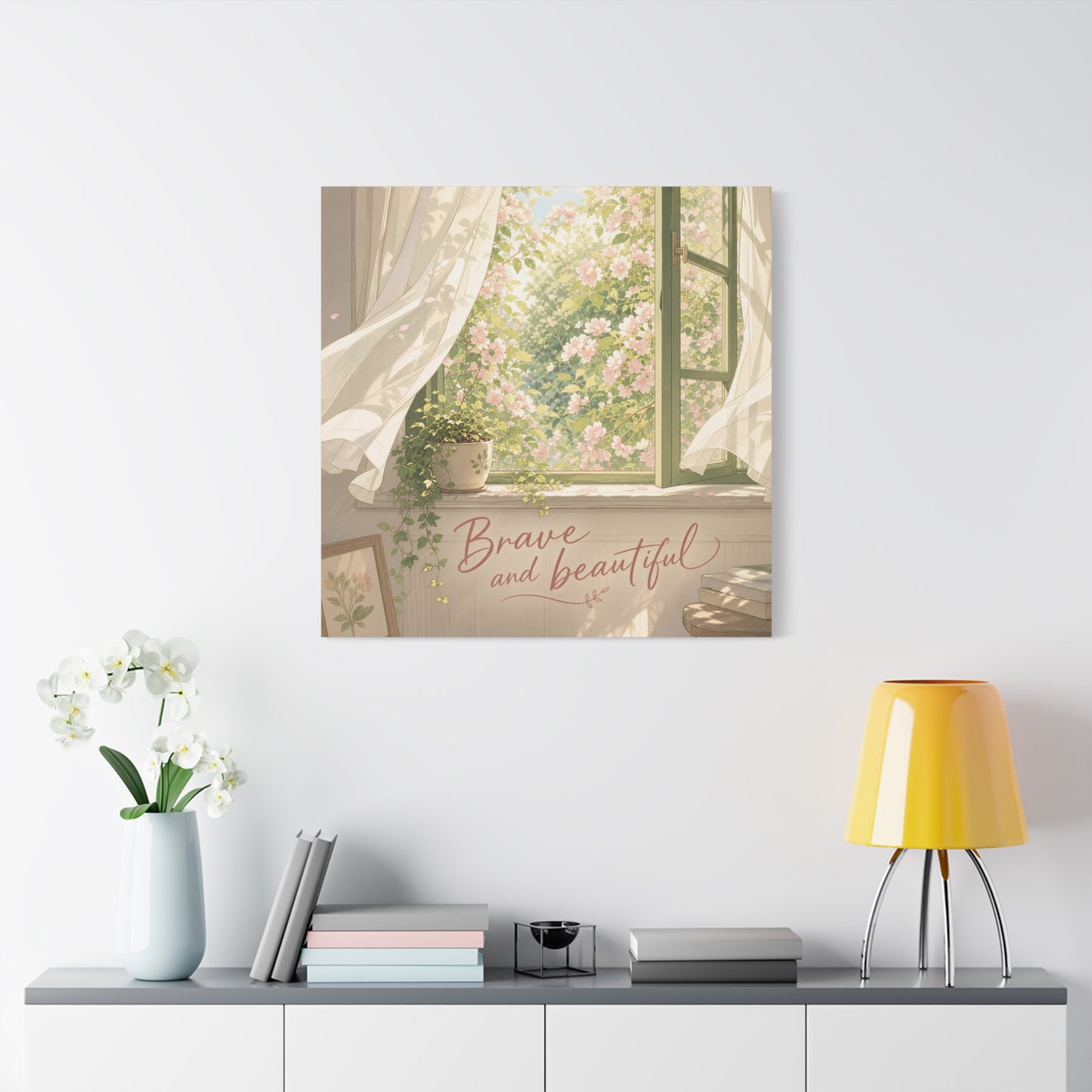 "Brave And Beautiful" Inspirational Canvas Wall Art - Open Window Pink Blossoms, Sheer Curtains, Botanical Quote Print - Soft Vintage Style - Bedroom Wall Decor, Living Room Accent - Ready to Hang