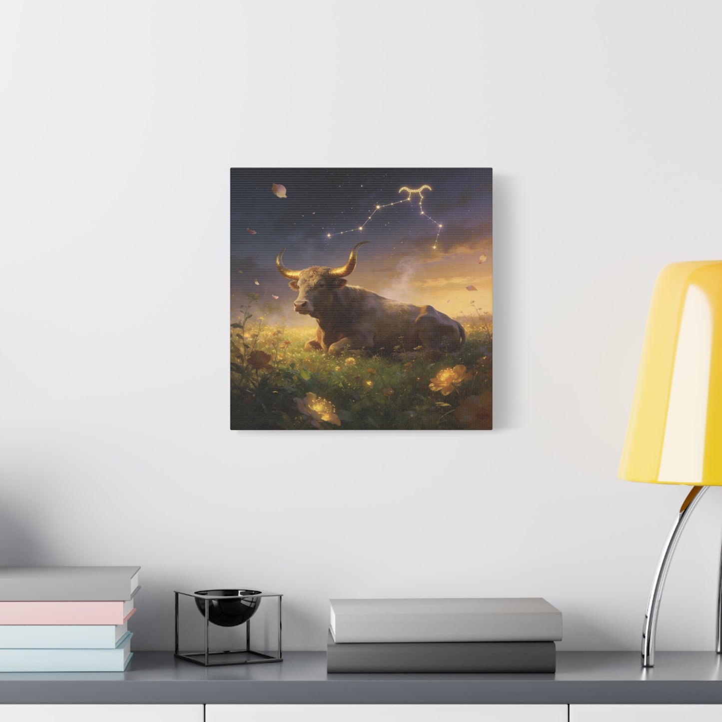 Taurus Zodiac Bull Canvas Wall Art - Celestial Constellation Night Meadow, Golden Horns, Dreamy Illustration - Matte Cotton Print - Bedroom Home Decoration, Office Wall Decor - Bedroom Home Decoration