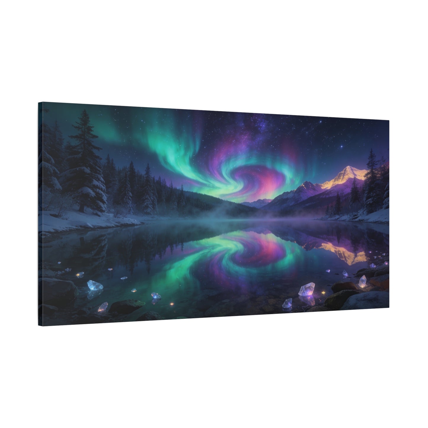 Aurora Borealis Mountain Lake Canvas Wall Art - Northern Lights Night Sky, Snowy Pine Forest Reflection - Dreamy Matte Canvas Print - Bedroom Wall Decor, Living Room Accent - Bedroom Home Decoration
