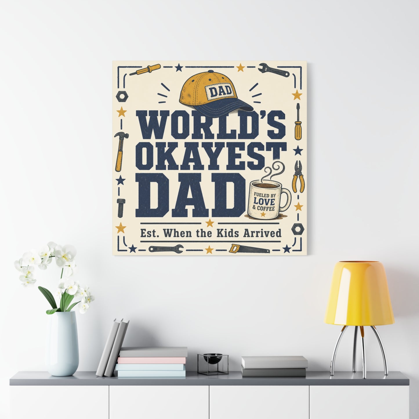 "World's Okayest Dad" Canvas Wall Art - Funny Dad Quote Print, Tool Theme Workshop Decor, Rustic Typography Home Decoration, Man Cave Office Wall Hanging - Bedroom Home Decoration - Ready to Hang