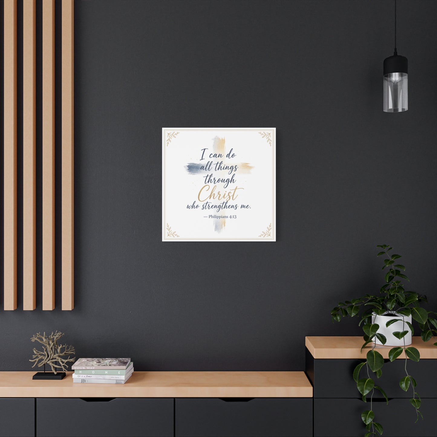 "I Can Do All Things Through Christ Who Strengthens Me. - Philippians 4:13" Christian Canvas Wall Art - Blue And Gold Scripture Quote Print - Traditional Typography - Bedroom Decor - Office Wall Art
