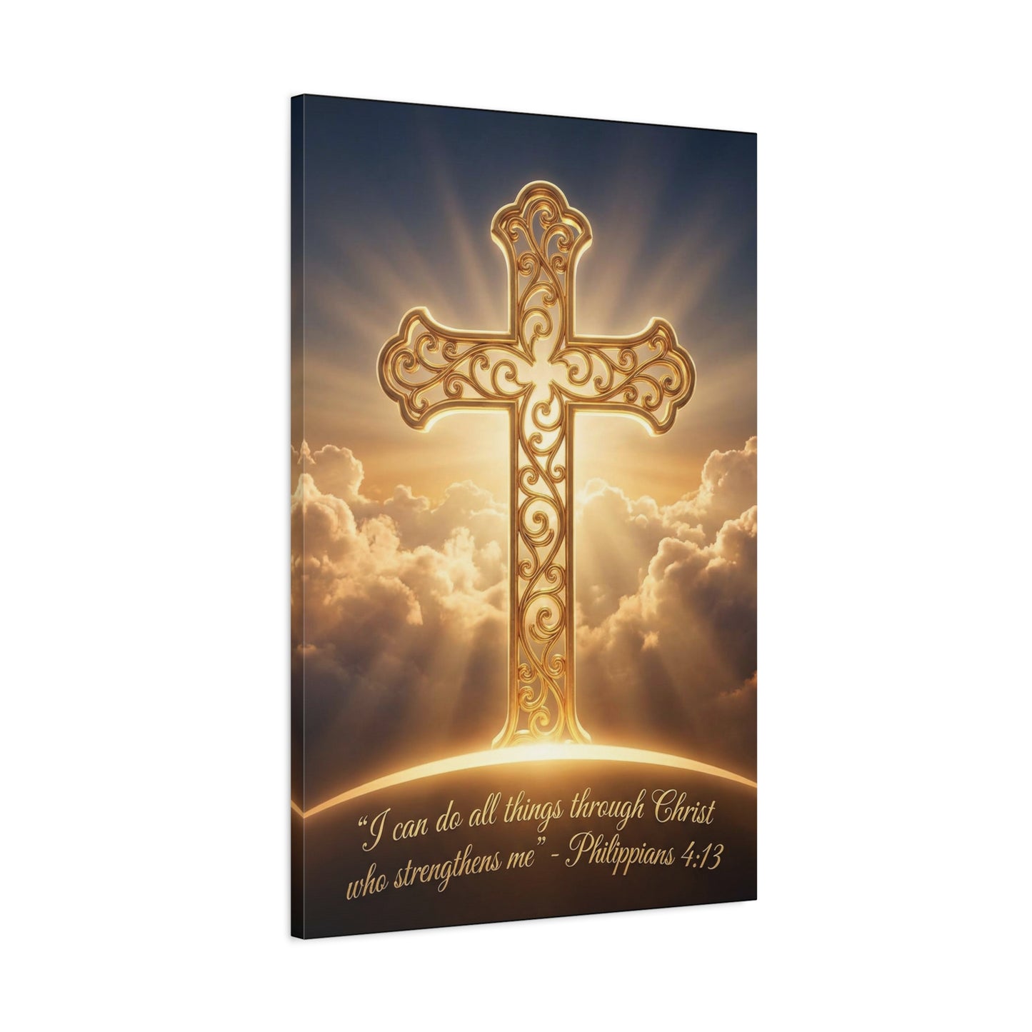 "I Can Do All Things Through Christ Who Strengthens Me" Cross Canvas Wall Art - Philippians 4:13 Scripture Decor, Golden Clouds Christian Wall Hanging, Bedroom Living Room - Bedroom Home Decoration