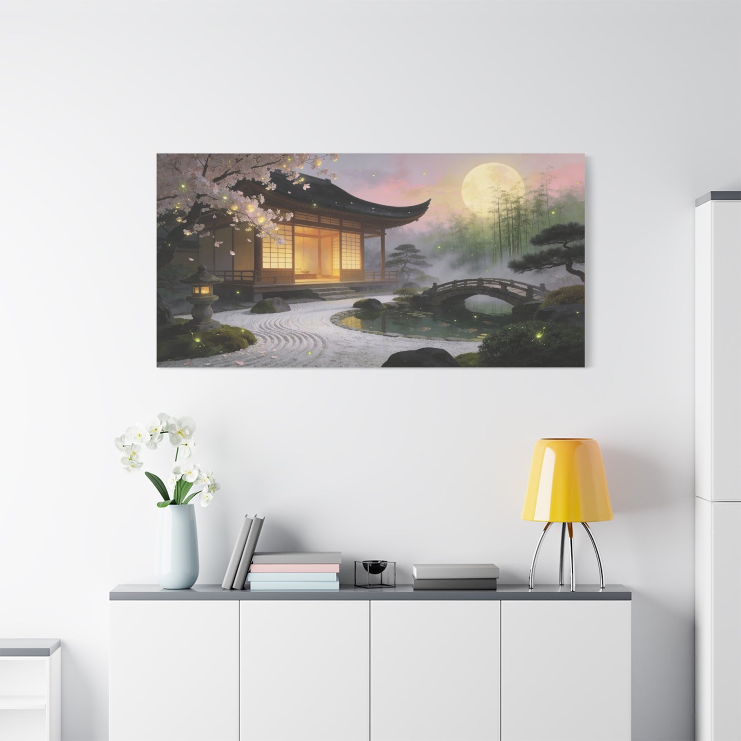 Japanese Zen Garden Canvas Wall Art - Moonlit Temple, Cherry Blossoms, Bamboo Mist - Serene Landscape Canvas Print - Traditional Style, Bedroom Wall Decor, Meditation Space - Bedroom Home Decoration