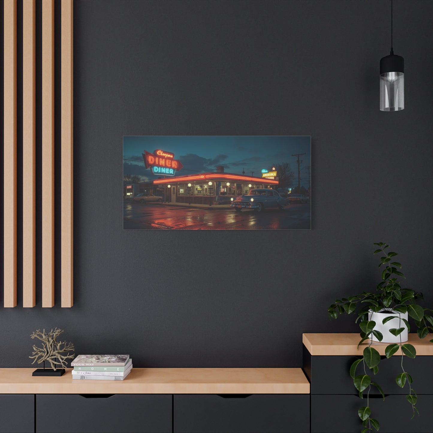 Neon Diner Canvas Wall Art - Retro American Diner Night Scene, Vintage Car Art Print - Moody Blue Glow, Contemporary Style - Living Room Wall Decor, Office Art - Bedroom Home Decoration