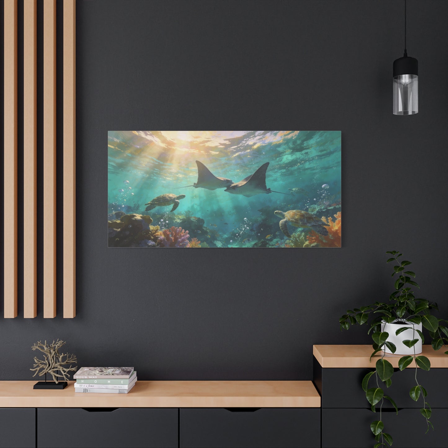 Manta Ray And Sea Turtle Canvas Wall Art - Underwater Ocean Reef Scene, Coastal Wall Decor - Matte Cotton Canvas Print - Contemporary Seascape Style - Living Room Bedroom Office - Ready to Hang