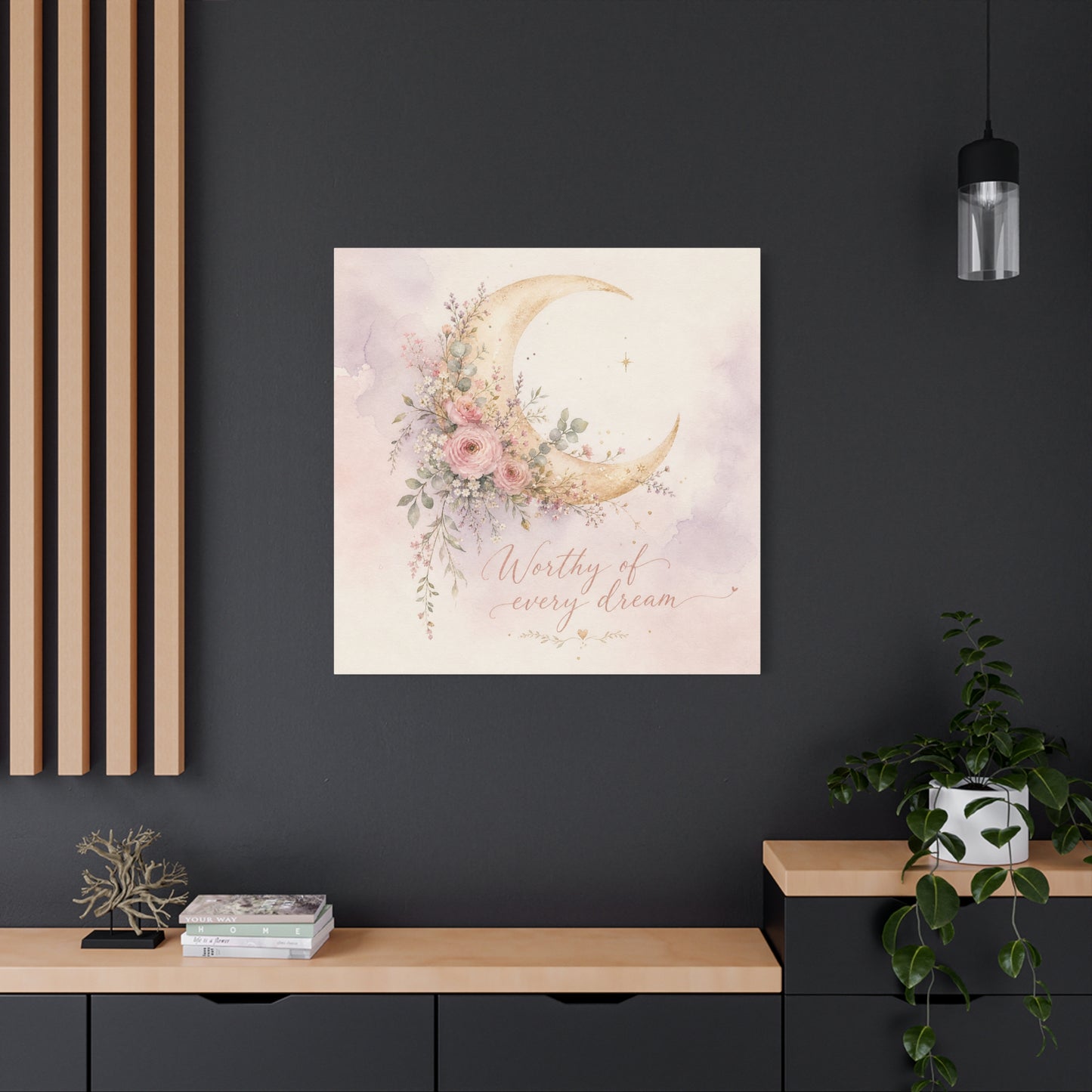 "Worthy Of Every Dream" Moon Canvas Wall Art - Floral Crescent, Inspirational Blush Gold Watercolor - Bohemian Bedroom Wall Decor - Nursery Home Decoration - Bedroom Home Decoration - Ready to Hang