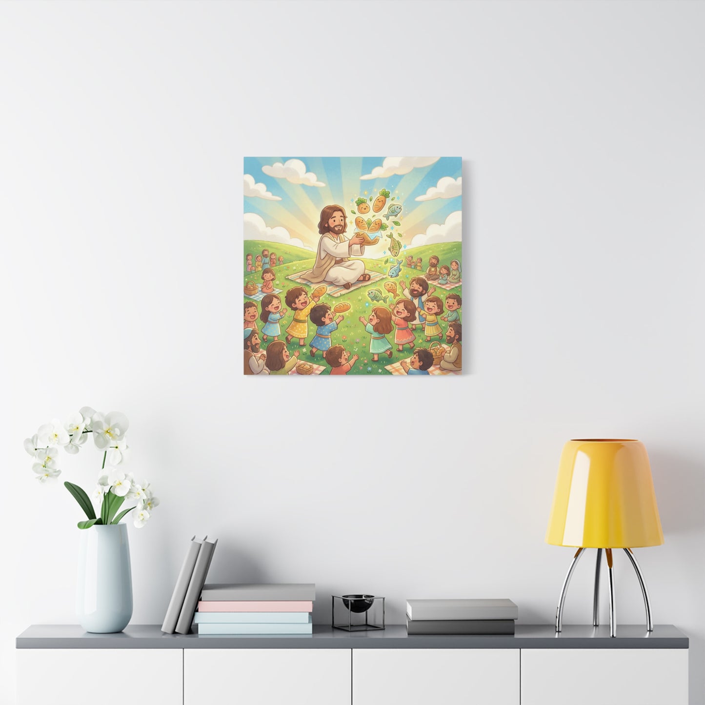 Jesus Feeding Multitude Canvas Wall Art - Loaves And Fish Bible Scene, Christian Nursery Decor - Matte Cotton Print, Kids Room Wall Decor, Sunday School Classroom - Bedroom Home Decoration