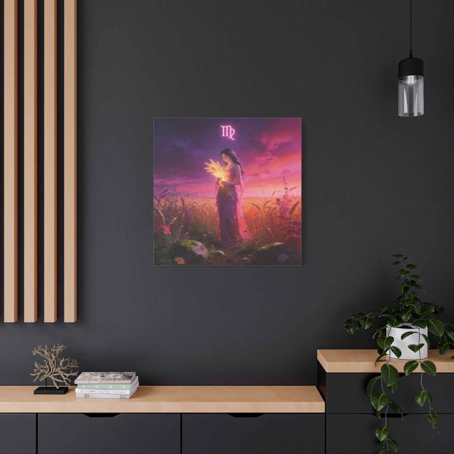 Virgo Zodiac Canvas Wall Art - Maiden Holding Glowing Wheat, Purple Twilight Field - Fantasy Illustration, Matte Canvas Print - Bedroom Wall Decor, Meditation Space Accent - Bedroom Home Decoration
