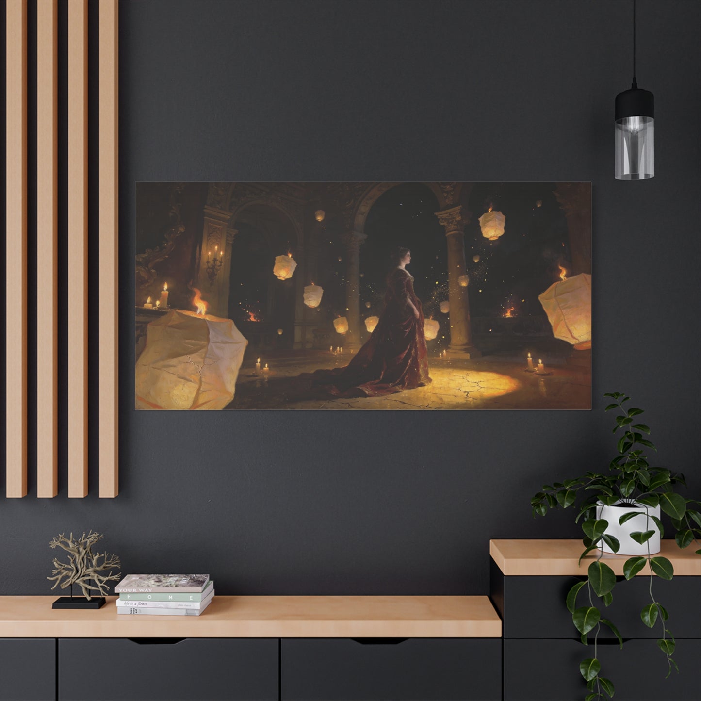 Woman In Candlelit Palace Canvas Wall Art - Floating Lantern Fantasy Scene, Dark Romantic Matte Canvas Print - Traditional Style, Living Room Wall Decor, Bedroom Home Accent - Bedroom Home Decoration