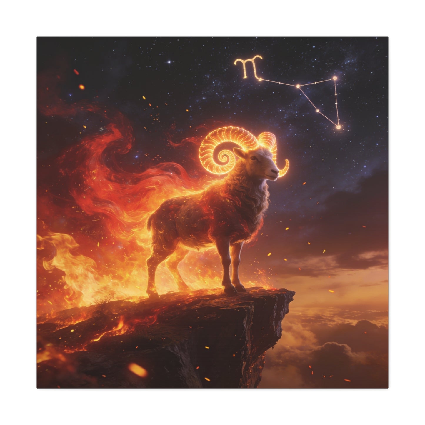 Aries Ram Canvas Wall Art - Fiery Zodiac Constellation Celestial Animal Print - Glowing Horns, Cosmic Night Sky - Contemporary Fantasy Style - Bedroom Home Decoration Office Wall Art - Ready to Hang