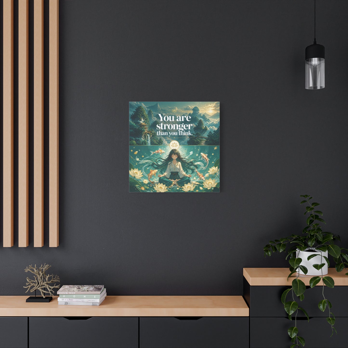 "You Are Stronger Than You Think." Inspirational Canvas Wall Art - Meditating Girl, Koi Fish, Lotus Lake - Zen Fantasy Landscape - Bedroom Wall Decor, Meditation Space, Jellyfish Room Decor