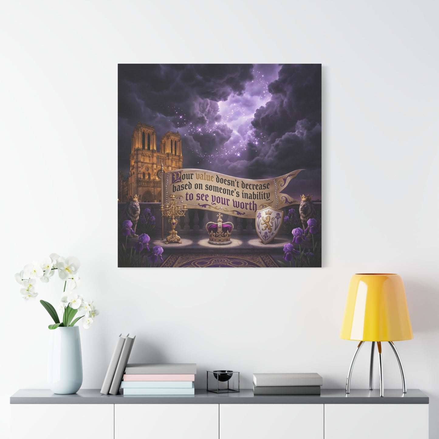 "Your Value Doesn't Decrease Based On Someone's Inability To See Your Worth" Canvas Wall Art - Gothic Cathedral, Purple Sky, Crown And Lions - Inspirational Home Decor - Living Room Bedroom