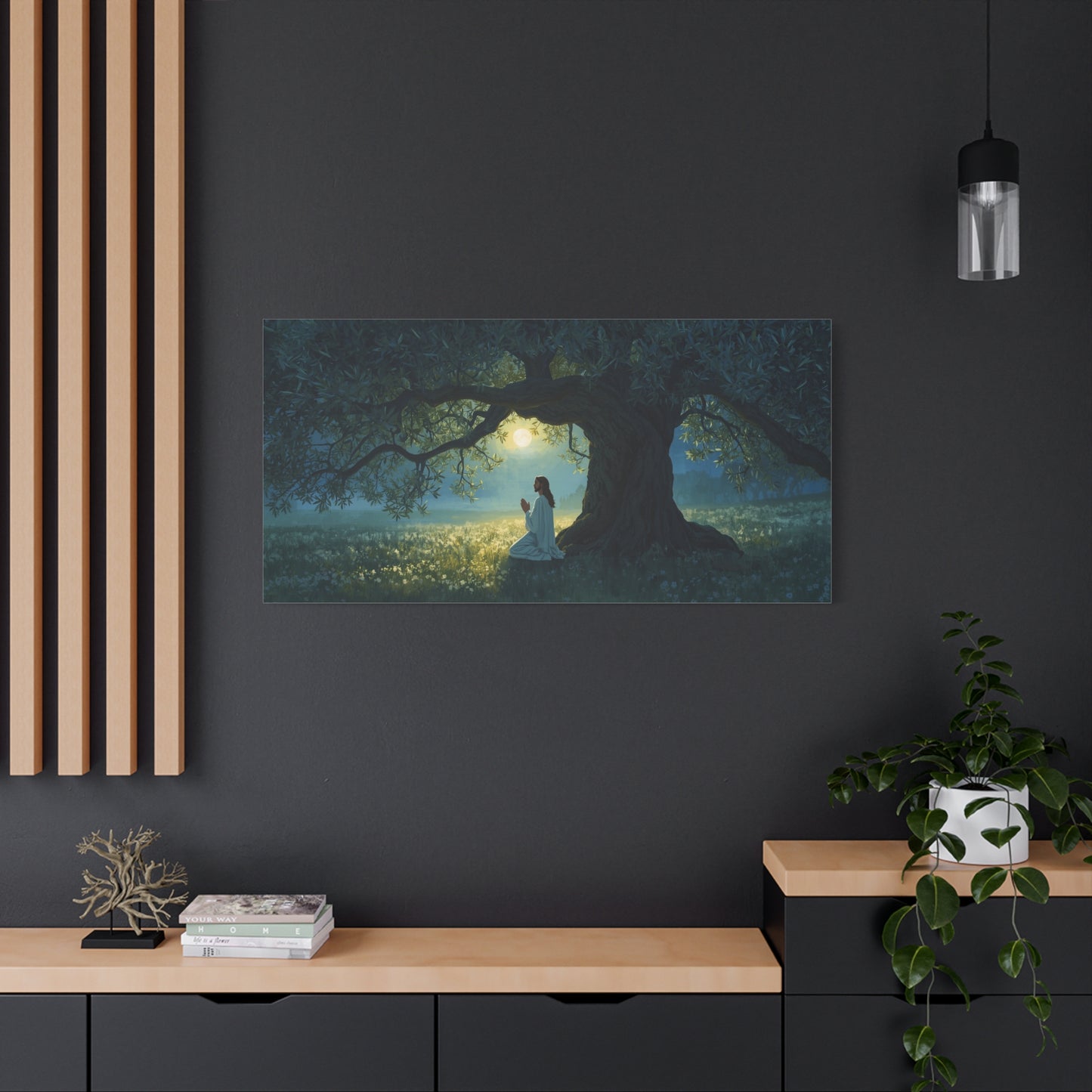 Jesus Praying In Gethsemane Canvas Wall Art - Moonlit Olive Tree Scene, Christian Wall Decor - Matte Cotton Print - Traditional Religious Style For Living Room Bedroom Office - Bedroom Home Decoration