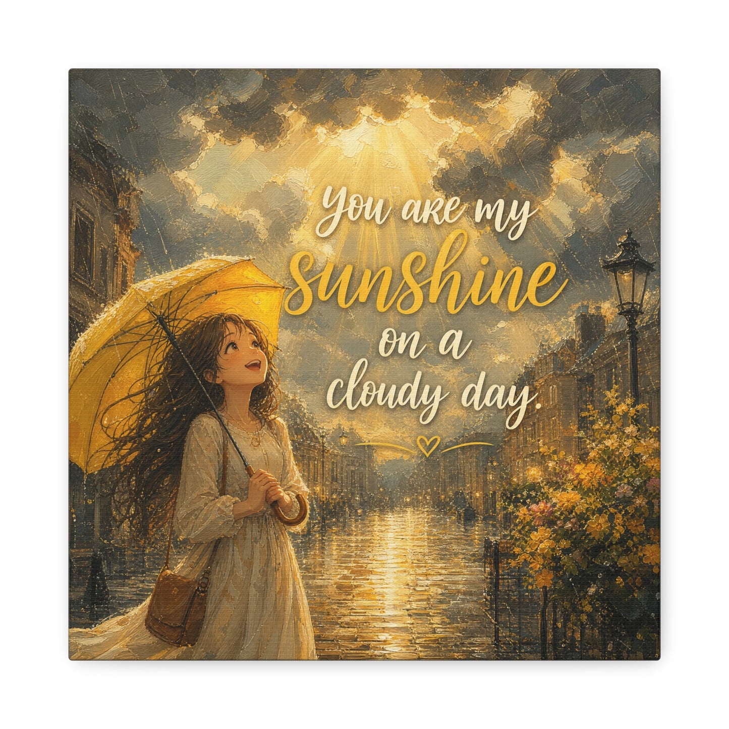 "You Are My Sunshine On A Cloudy Day" Canvas Wall Art - Girl With Yellow Umbrella Quote Print - Golden Rainy Street Painting, Inspirational Decor - Bedroom Home Decoration - Living Room Wall Decor