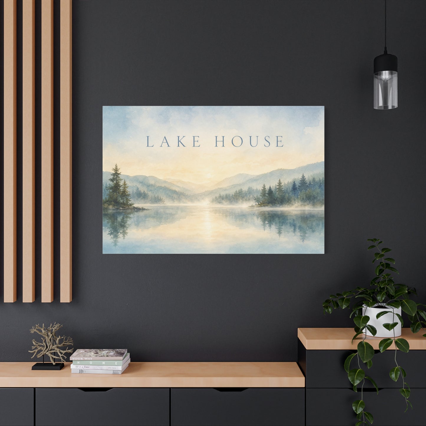 "Lake House" Canvas Wall Art - Misty Mountain Watercolor Landscape Print, Serene Cabin Decor, Rustic Retreat Wall Hanging, Bedroom Home Decoration, Entryway Accent, Vacation Rental Style
