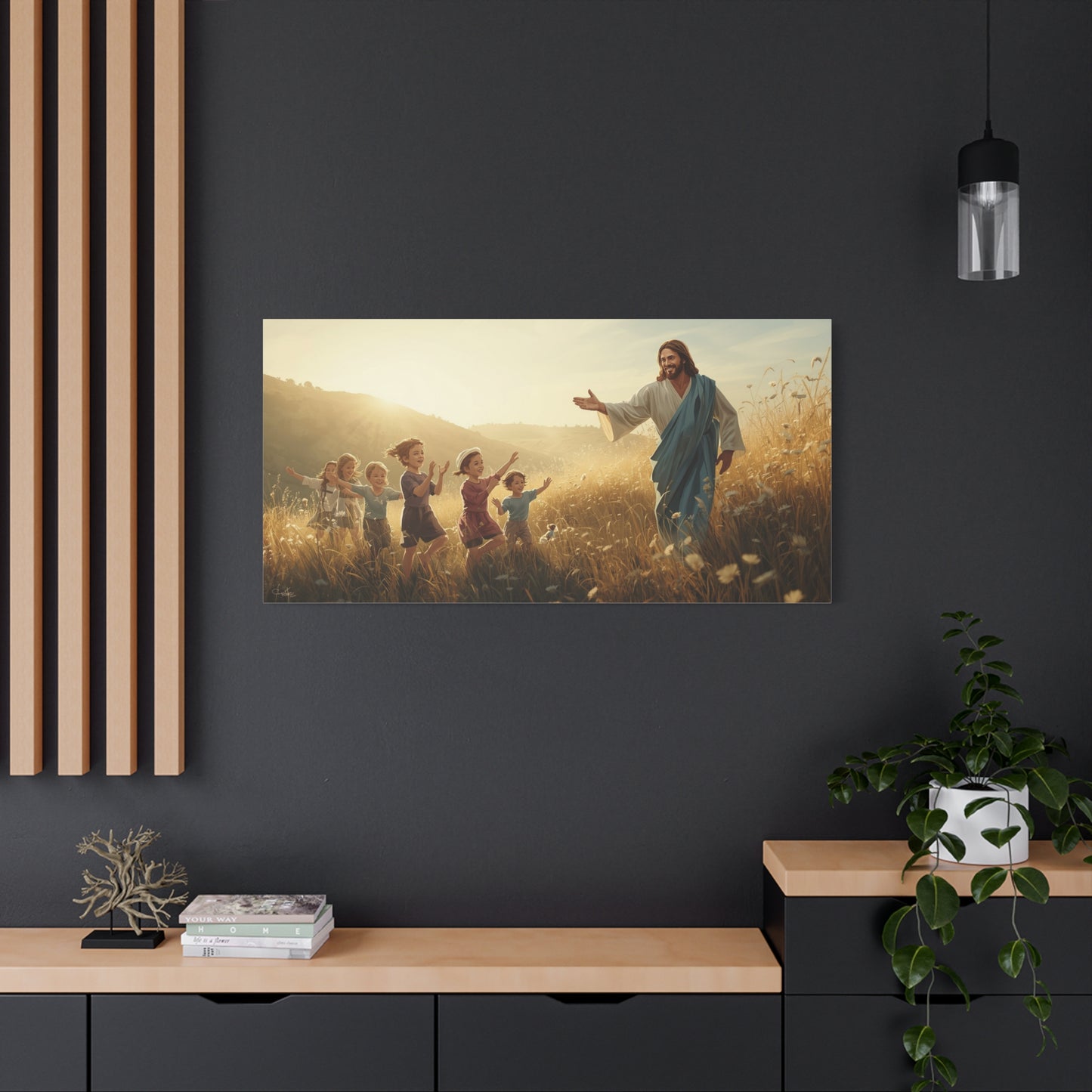 Jesus Christ With Children Canvas Wall Art - Golden Meadow Christian Print - Matte Cotton Ready to Hang - Traditional Religious Decor for Living Room, Bedroom, Nursery, Office - Living Room Wall Decor