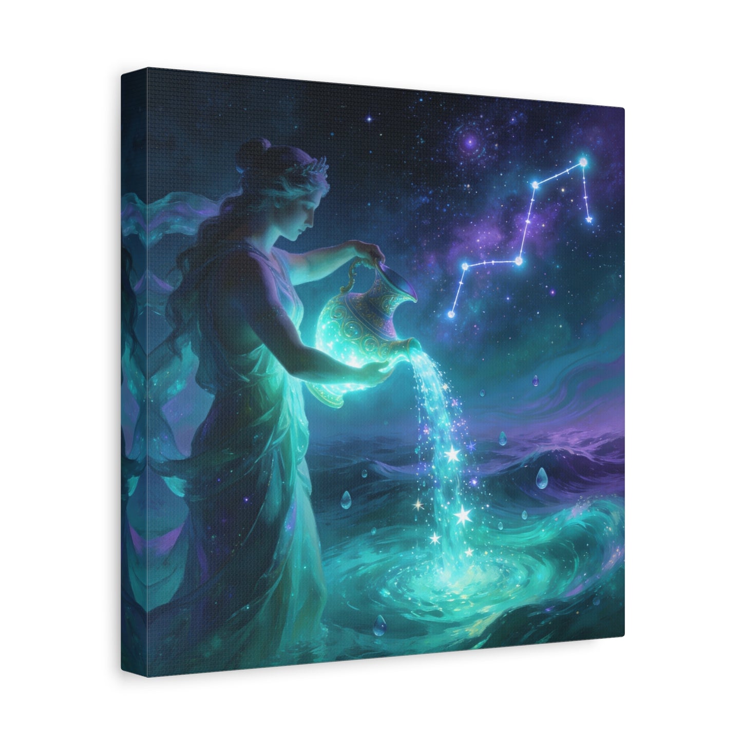 Aquarius Goddess Canvas Wall Art - Zodiac Water Bearer Celestial Galaxy Illustration - Mystical Purple Blue Fantasy Decor - Bedroom Home Decoration, Living Room Wall Decor - Bedroom Home Decoration