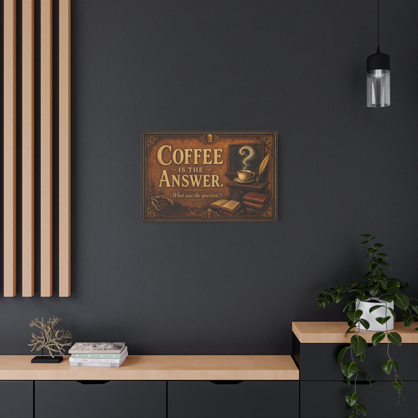 Coffee Is The Answer. What Was The Question Canvas Wall Art - Vintage Coffee Cup, Books, Bean Sack Decor - Rustic Typography Print - Cafe Interior, Study Room Decoration - Cafe Wall Art - Bistro Decor
