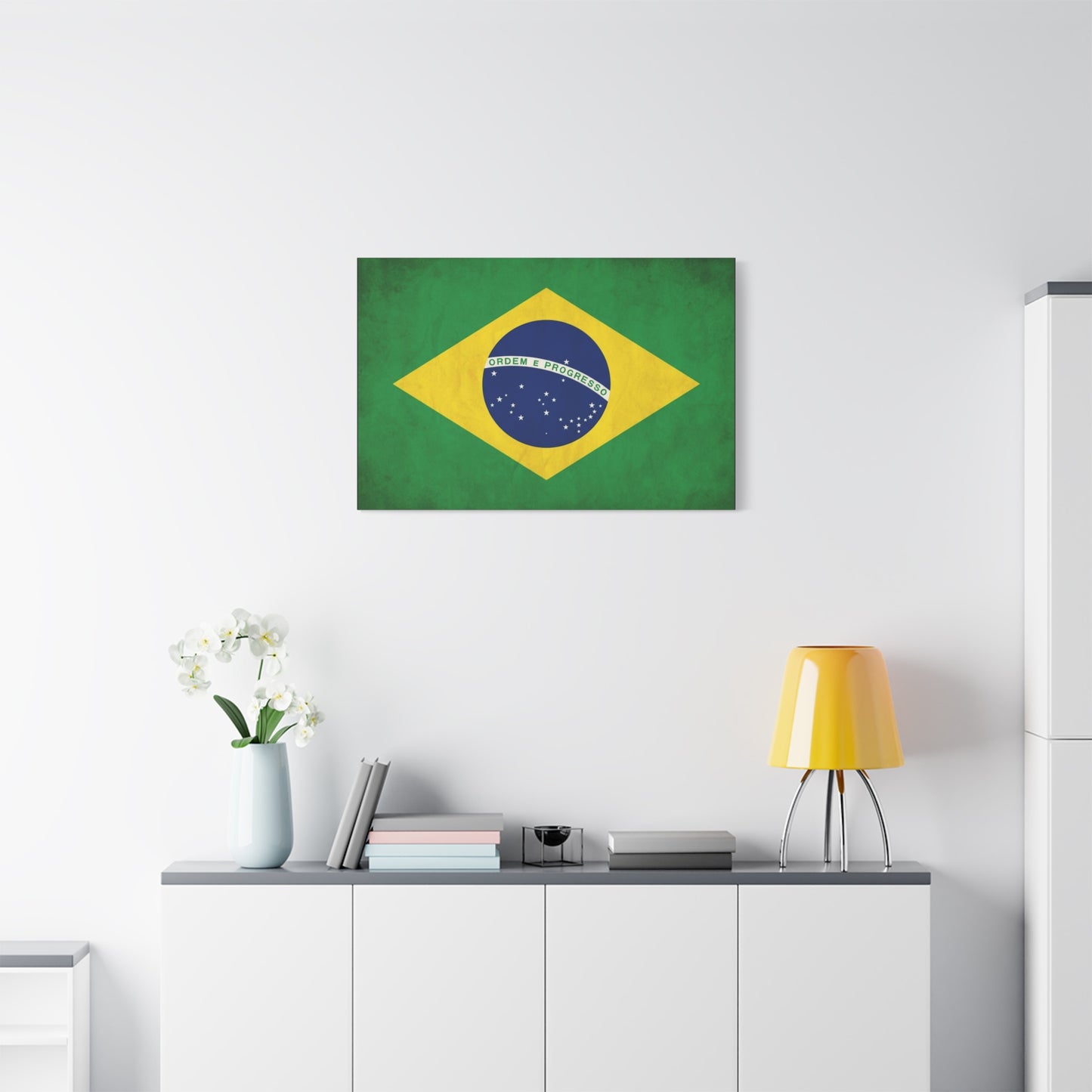 "Ordem E Progresso" Brazil Flag Canvas Wall Art - Brazilian Flag Wall Decor, Vintage National Pride Print - Green Yellow Blue Typography Style - Living Room Bedroom Office Decoration - Ready to Hang