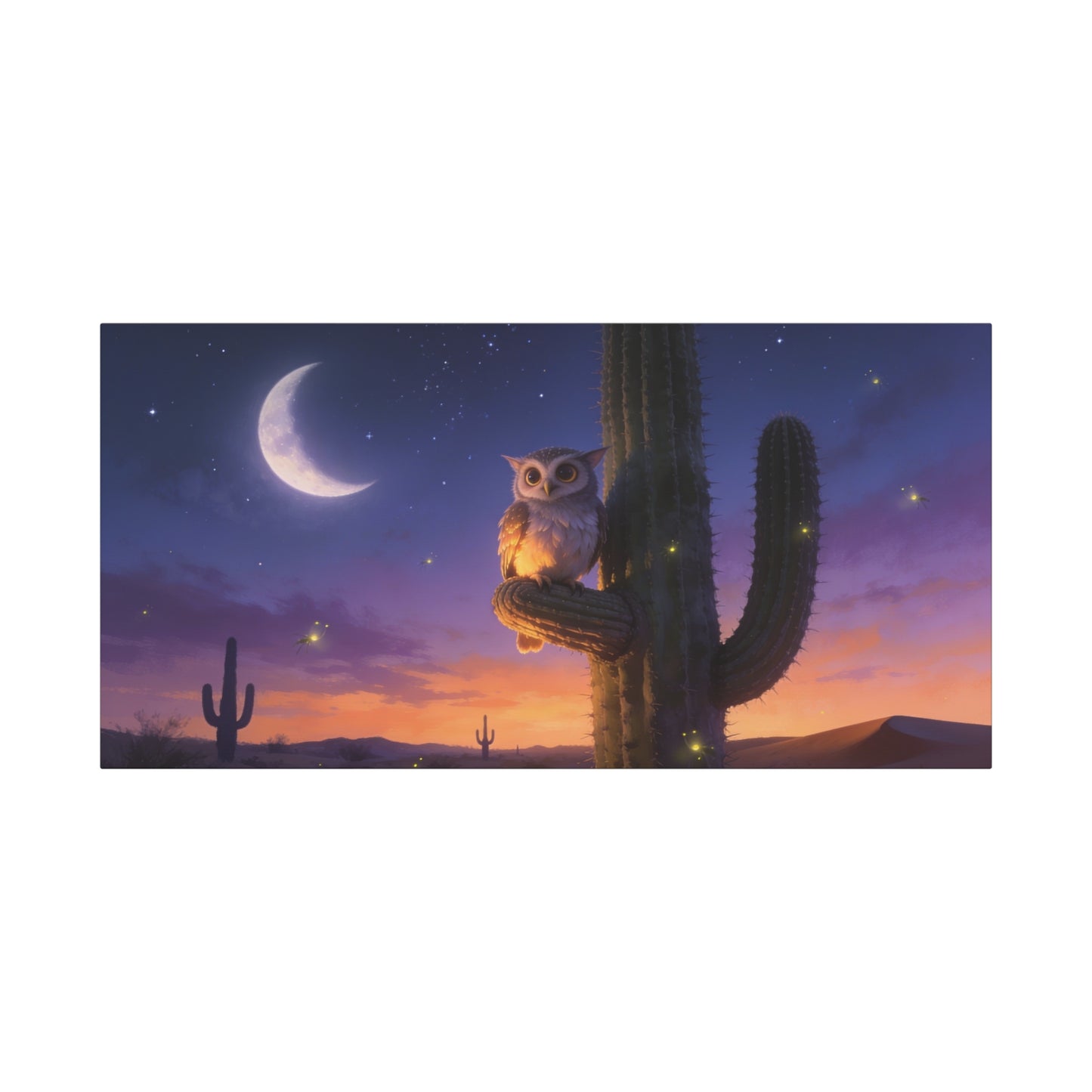 Owl On Saguaro Cactus Canvas Wall Art - Moonlit Desert Night Sky, Fireflies, Twilight Landscape - Matte Cotton Print - Contemporary Wildlife Style - Bedroom Living Room Decor - Living Room Wall Decor