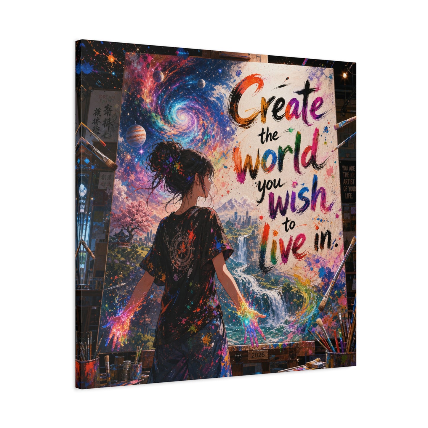 "Create The World You Wish To Live In" Inspirational Canvas Wall Art - Colorful Cosmic Artist Girl Quote Print - Modern Typography Decor - Bedroom Home Decoration, Creative Office Accent