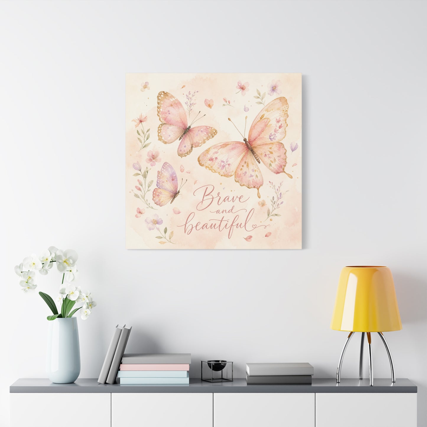 "Brave And Beautiful" Butterfly Canvas Wall Art - Pink Floral Watercolor Quote Print - Inspirational Girls Bedroom Decor - Nursery Wall Hanging - Bedroom Home Decoration - Modern Farmhouse Style