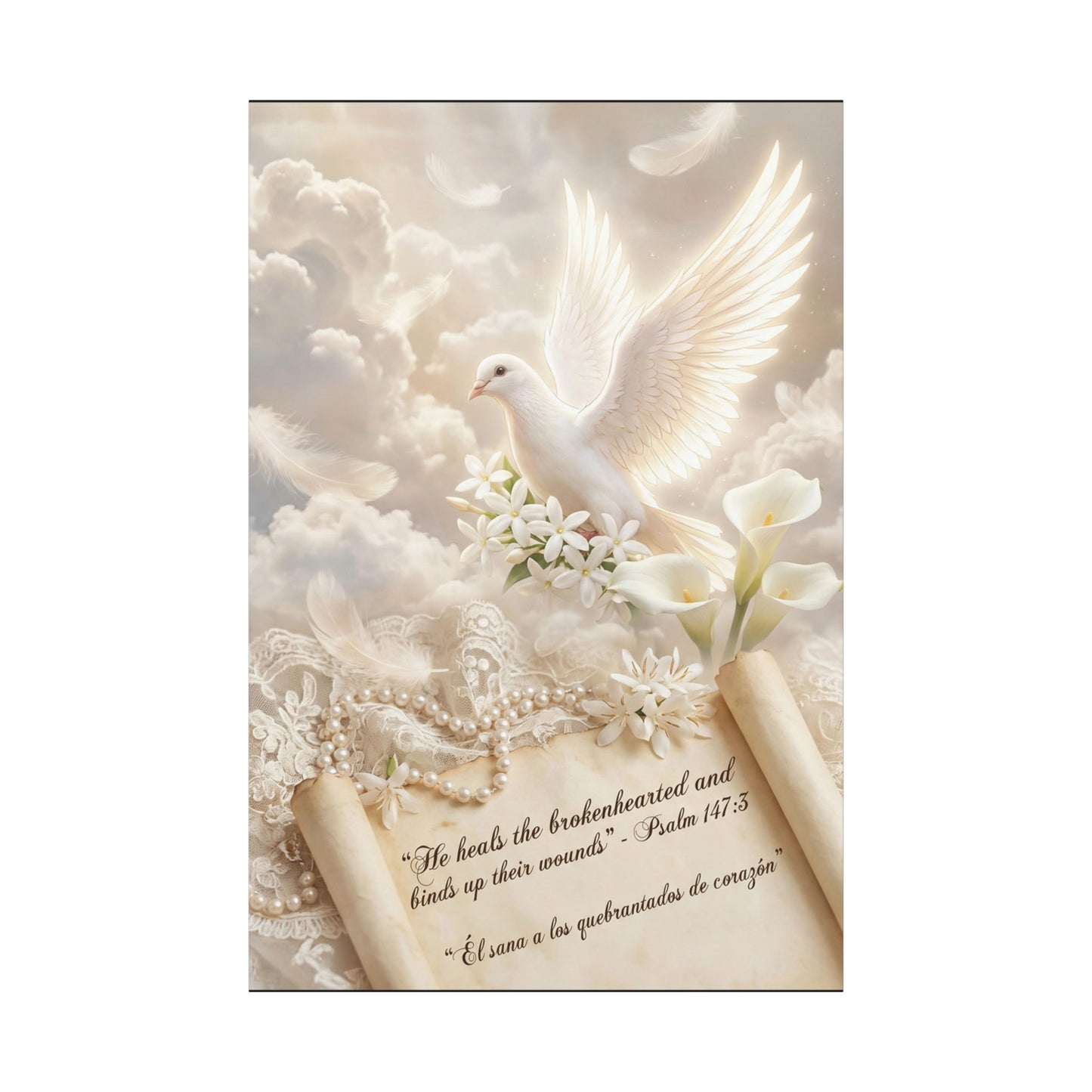 "He Heals The Brokenhearted And Binds Up Their Wounds" Dove Canvas Wall Art - Psalm 147:3 Scripture, White Lily Floral Design - Traditional Religious Decor For Bedroom - Office Wall Art