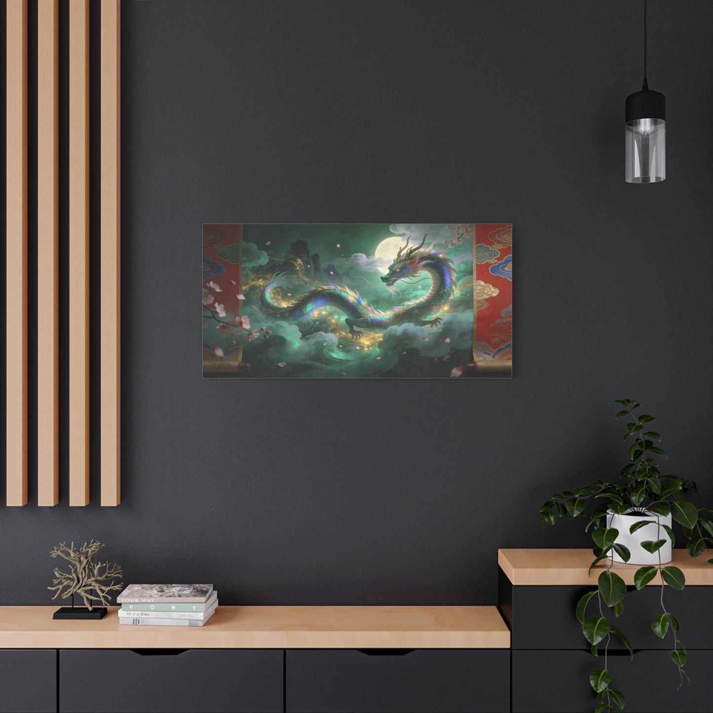 Moonlit Chinese Dragon Canvas Wall Art - Fantasy Cloudscape, Cherry Blossoms, Gold Accents - Luminous Asian Illustration - Living Room Wall Decor, Bedroom Home Decoration - Bedroom Home Decoration